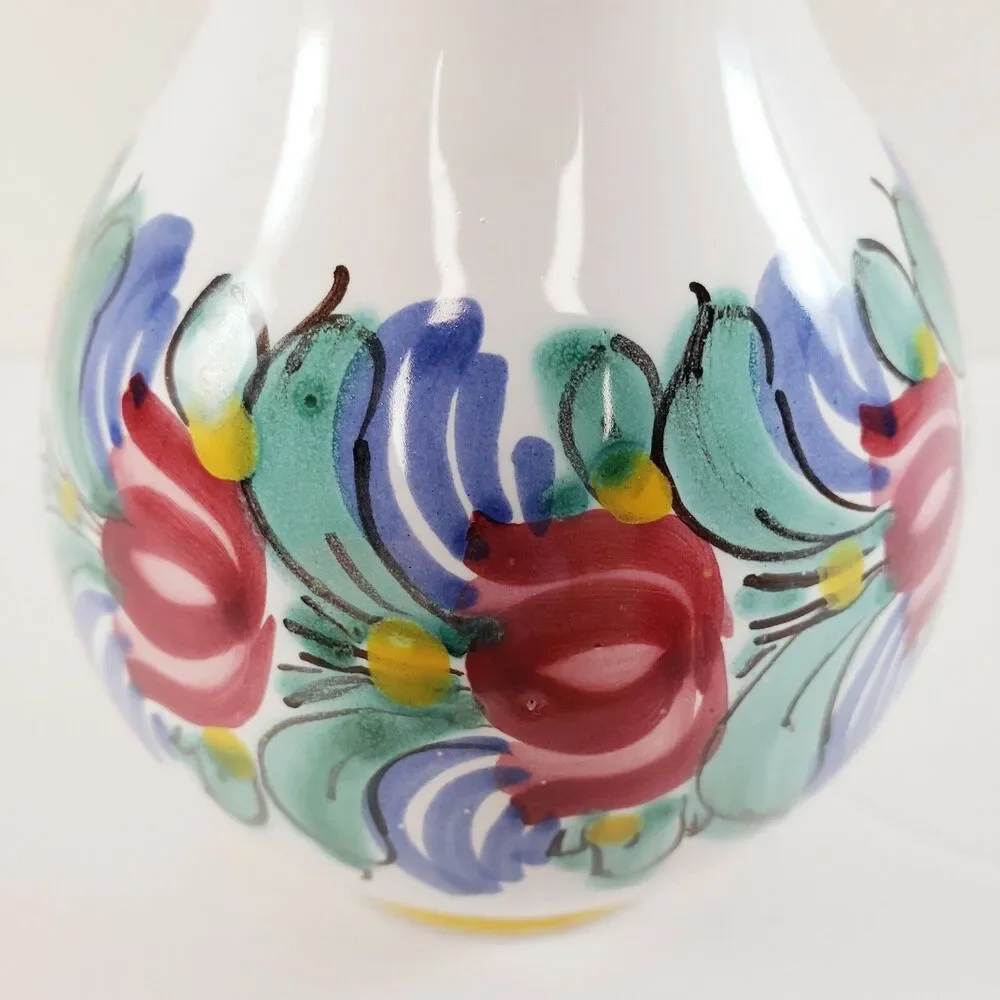 Italian Pottery Floral Vase Pink Flowers Yellow Blue Stripes Tuscan Old World
